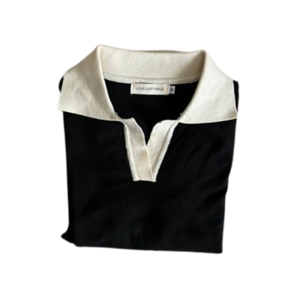Black Contrast Collar Knit Sweater Top – Long Sleeve Preppy Style, Size M